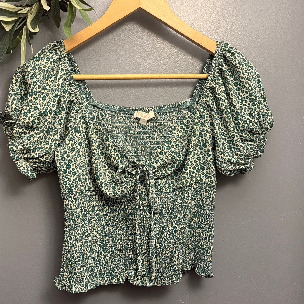Blush Green Floral Smocked Off-Shoulder Crop Top